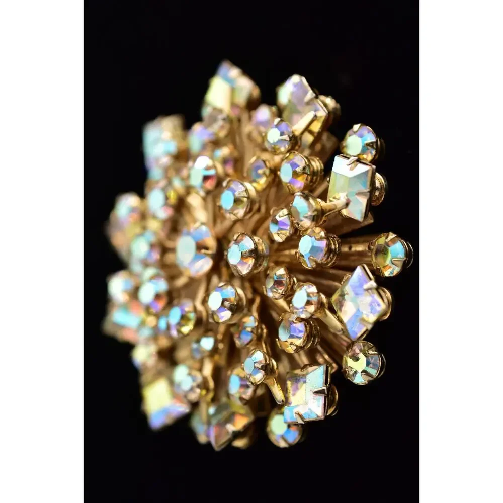 Vintage Crystal Starburst Flower Pin Brooch Aurora Borealis Rhinestone 60s BinBI